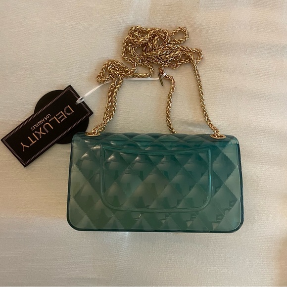 Deluxity Los Angeles Jelly Gold Chain Tufted Purse, Green/Blue, NWT - Picture 2 of 5